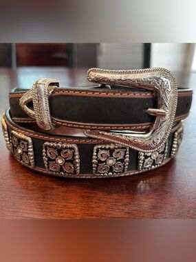 3D Leather Western Square Concho Belt Sz 36 | Rhinestone Cowgirl Rodeo Country